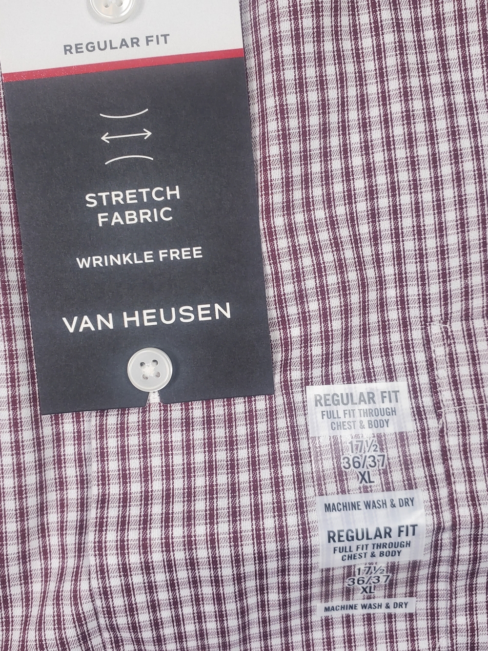 Van Heusen Flex Burgundy Check Dress Shirt XL 17.5 36/37 NWT Stretch Wrinkle Fre - Picture 5 of 10